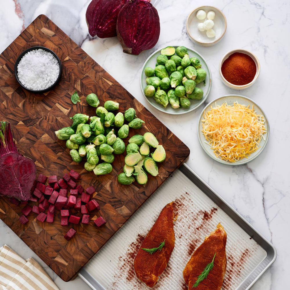 Prep to Pan End Grain Cutting Board with Half Sheet Pan — TeakHaus × USA Pan 2004