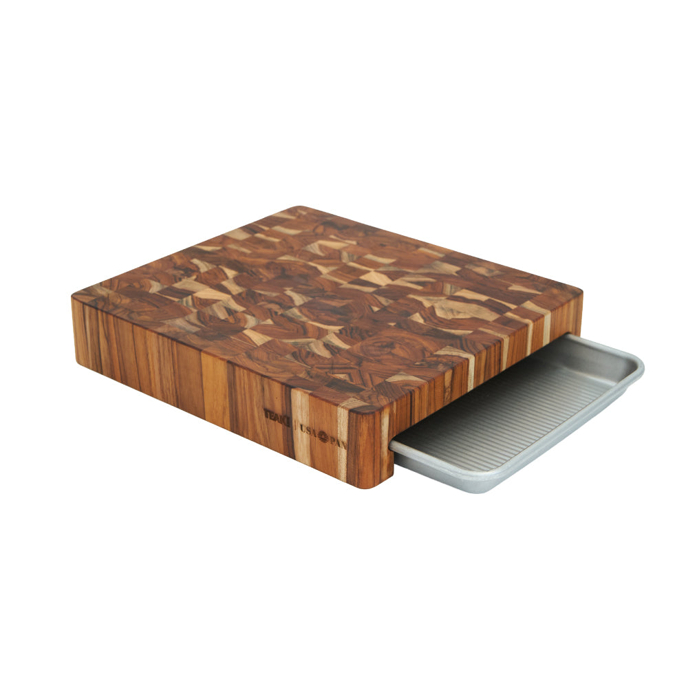 Prep to Pan End Grain Cutting Board with Quarter Sheet Pan — TeakHaus × USA Pan 2007