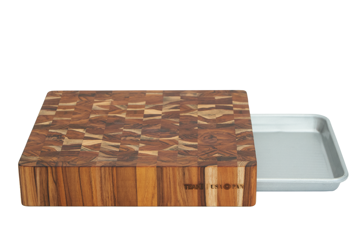 Prep to Pan End Grain Cutting Board with Quarter Sheet Pan — TeakHaus × USA Pan 2007