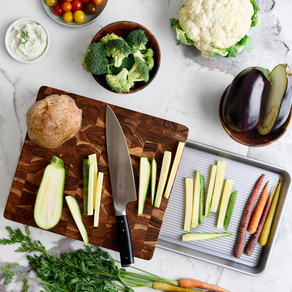 Prep to Pan End Grain Cutting Board with Quarter Sheet Pan — TeakHaus × USA Pan 2007