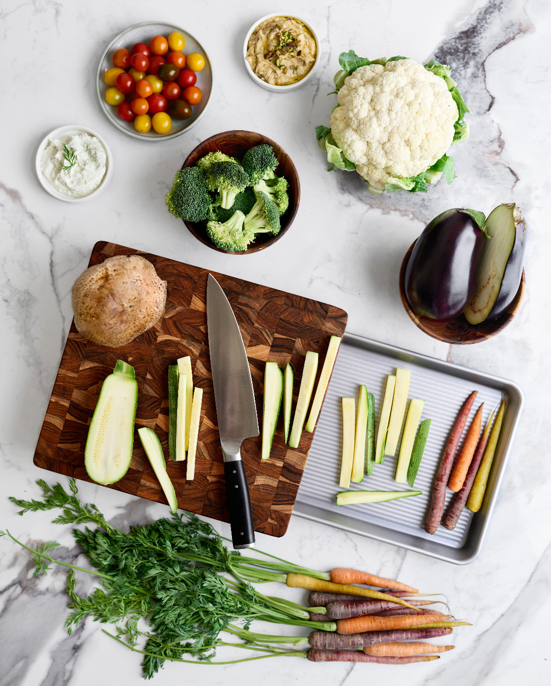 Prep to Pan End Grain Cutting Board with Quarter Sheet Pan — TeakHaus × USA Pan 2007