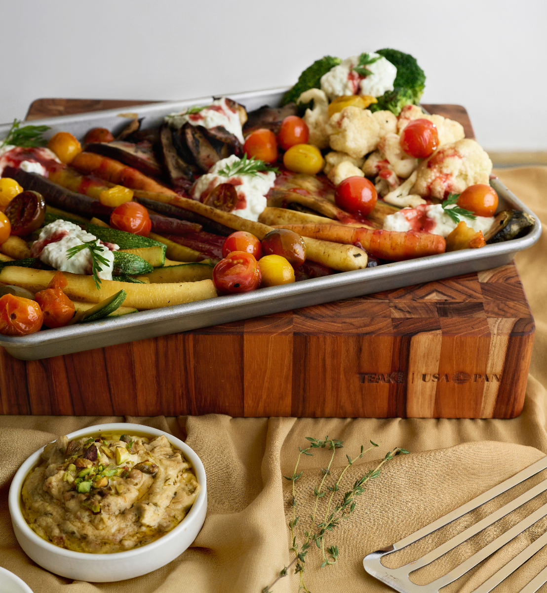 Prep to Pan End Grain Cutting Board with Quarter Sheet Pan — TeakHaus × USA Pan 2007