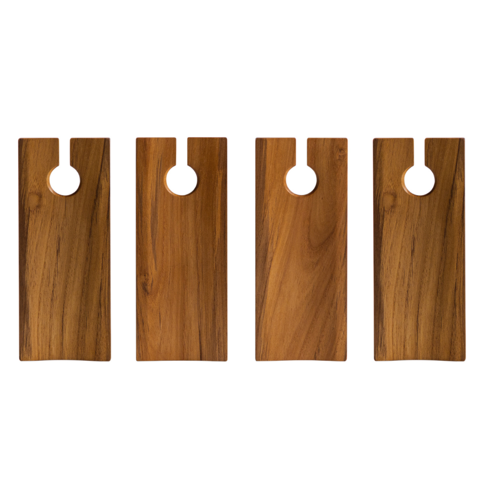 Set of four rectangular teakwood catering plates with wine glass stem slots and natural wood grain patterns.