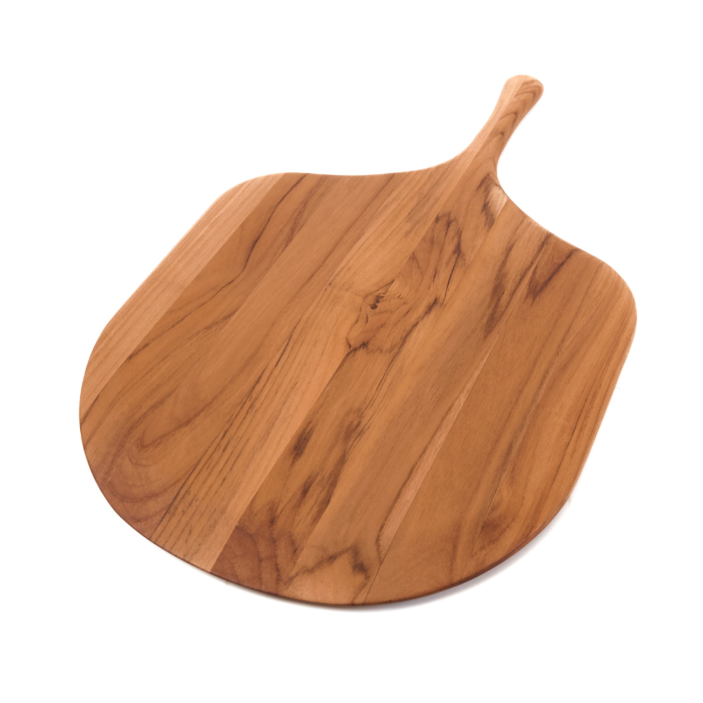Small canoe paddle pizza peel crafted from edge grain teakwood on a white background.