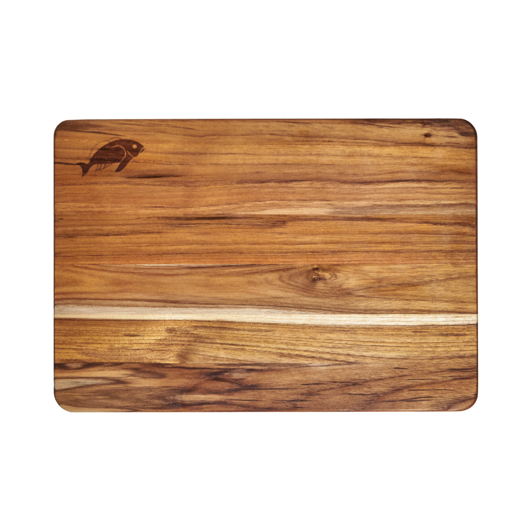 Rectangular teakwood kitchen board with rich natural grain patterns and a small etched fish logo on a white background.