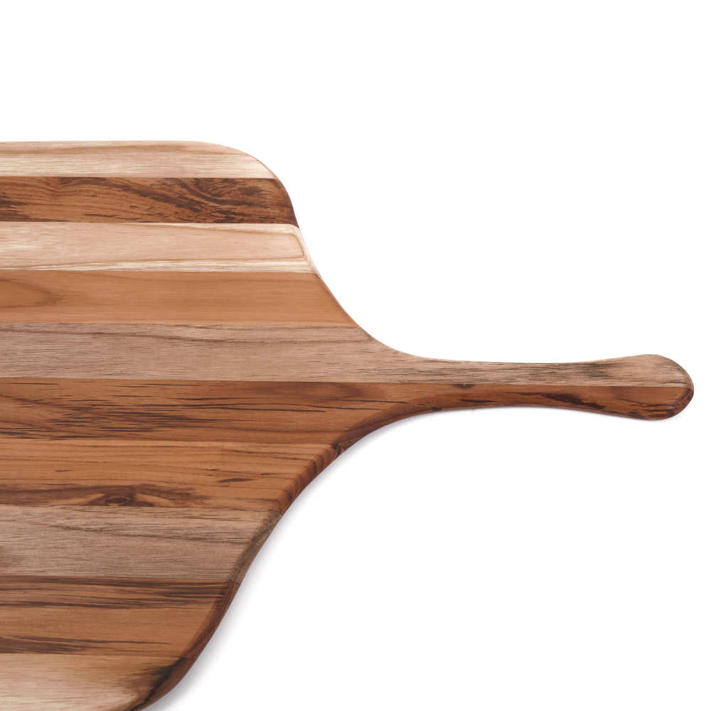 Teakwood canoe paddle pizza peel featuring natural edge grain patterns and a slender handle on a white background.