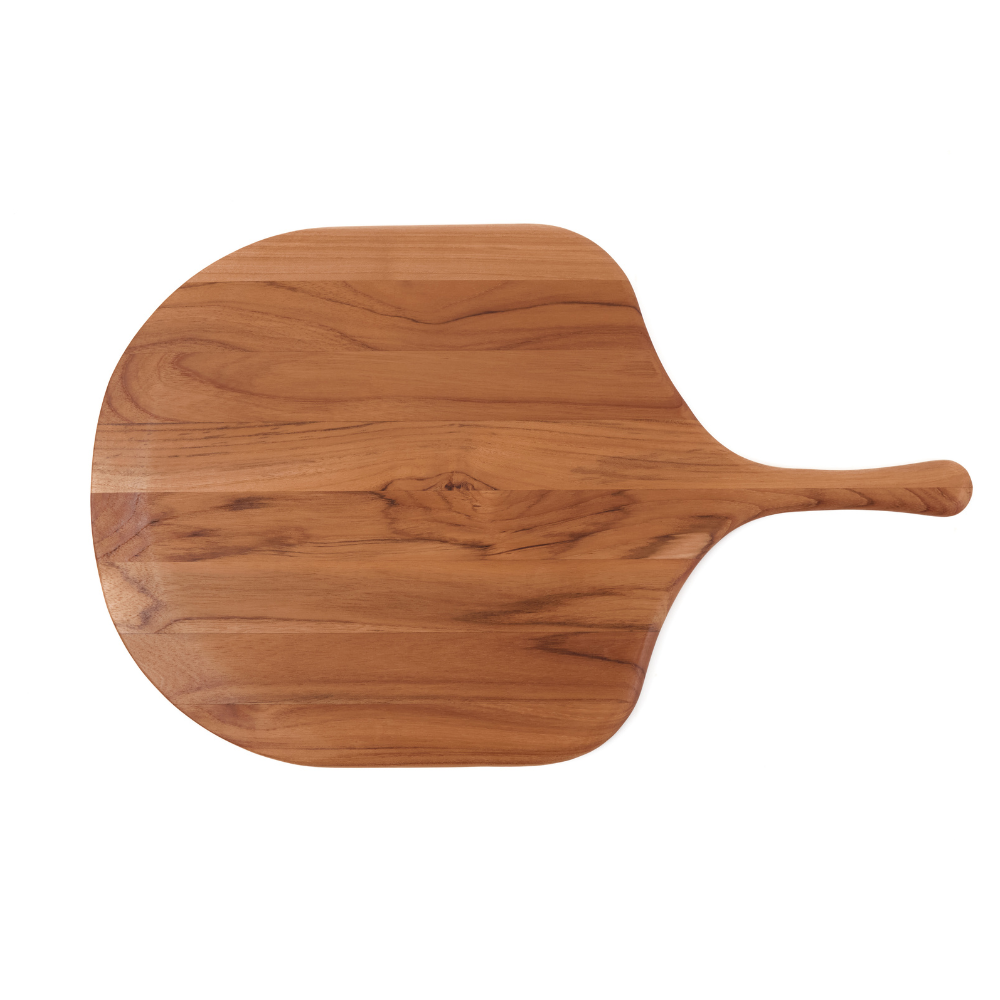 Small teakwood pizza peel with a canoe-paddle handle and natural edge grain on a white background.