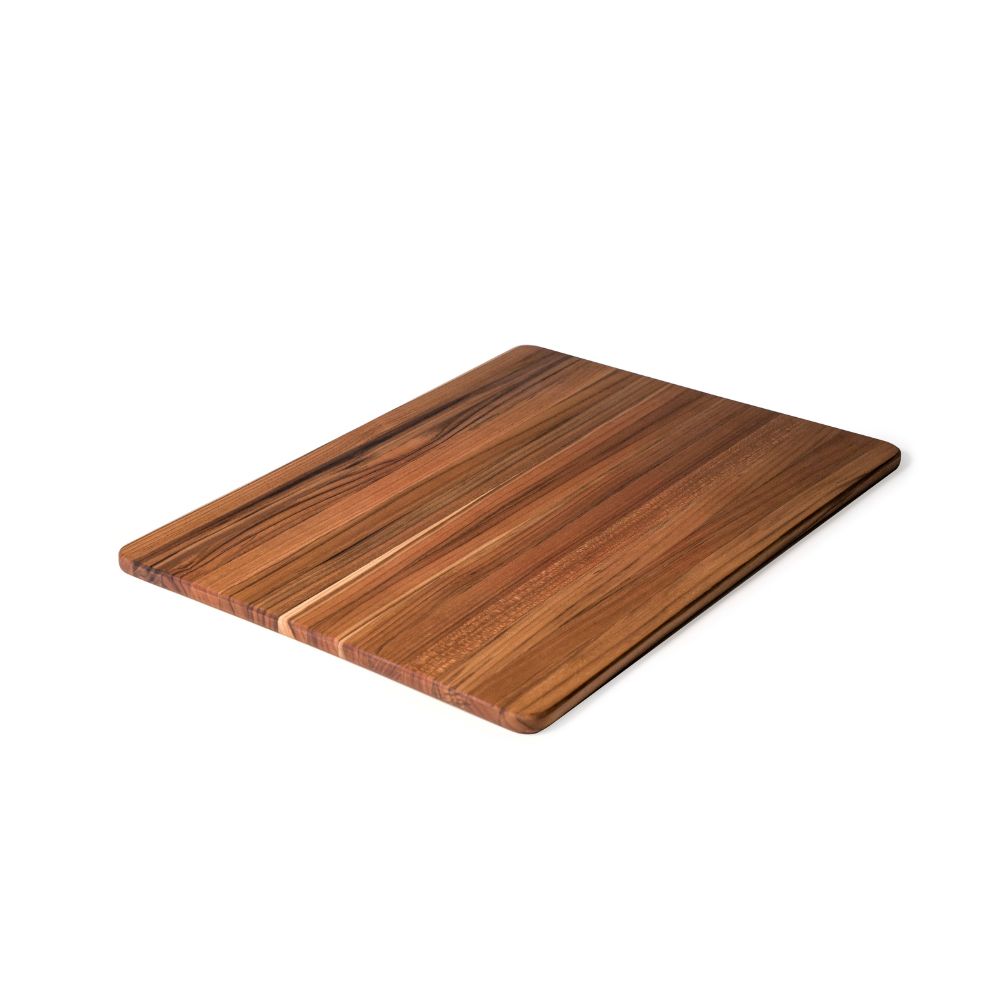 Rectangular teakwood serving board featuring rich edge-grain patterns and warm natural tones.