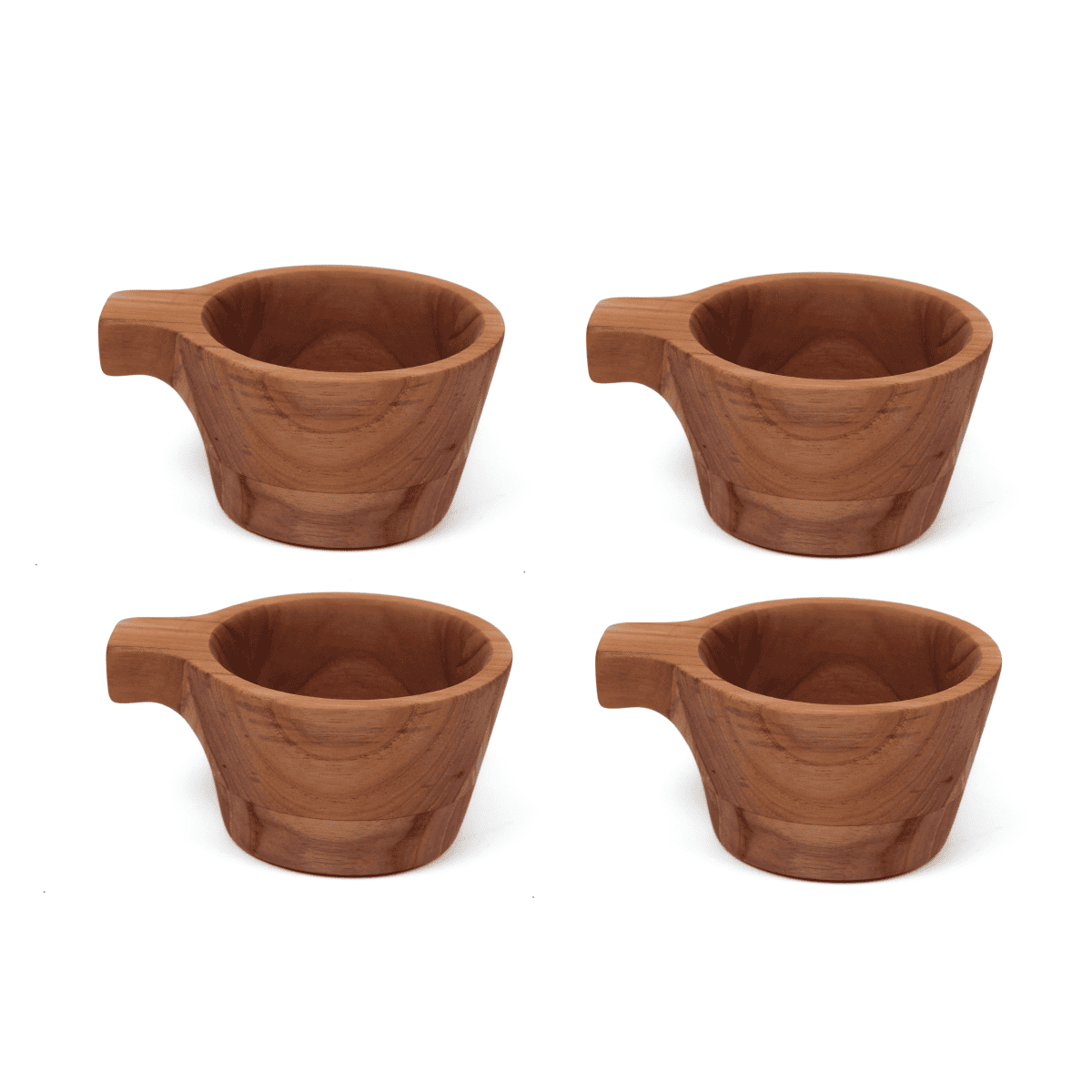 Set of four teakwood tapas bowls with handles, showcasing natural wood grain patterns on a white background.