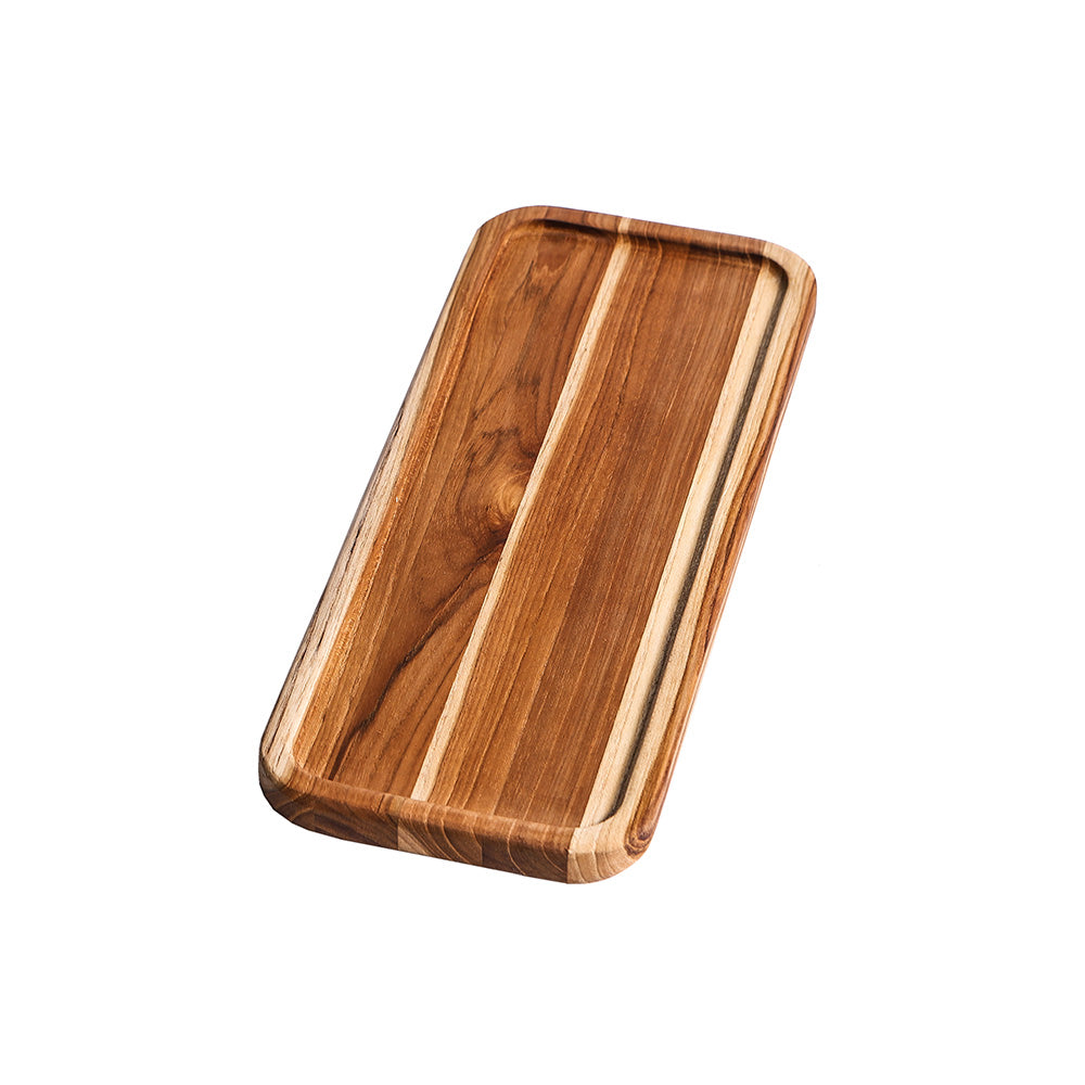 Small rectangular teakwood serving tray with raised edges and rich natural wood grain patterns.
