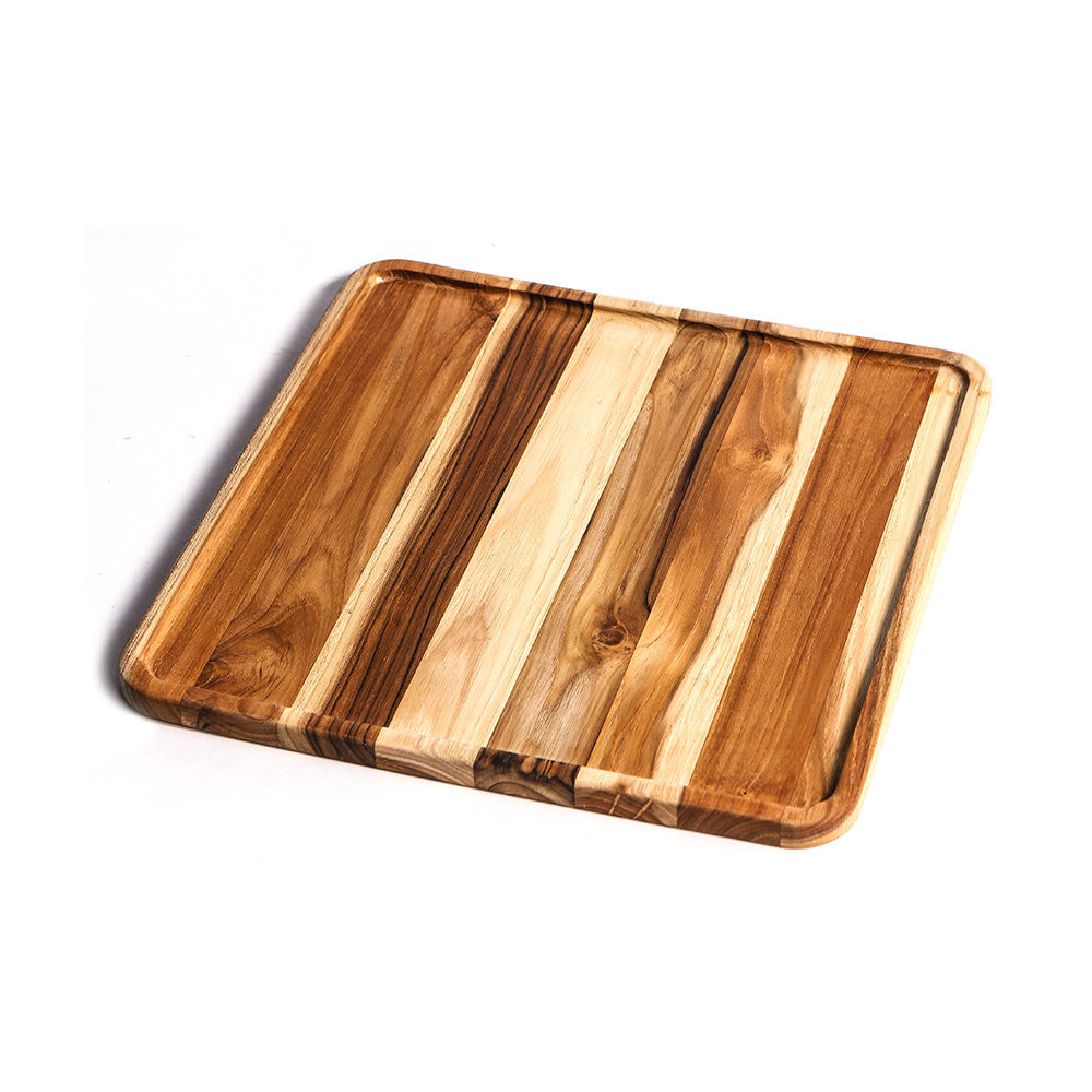 Medium square teakwood serving tray featuring a natural edge grain pattern and warm brown wood tones.