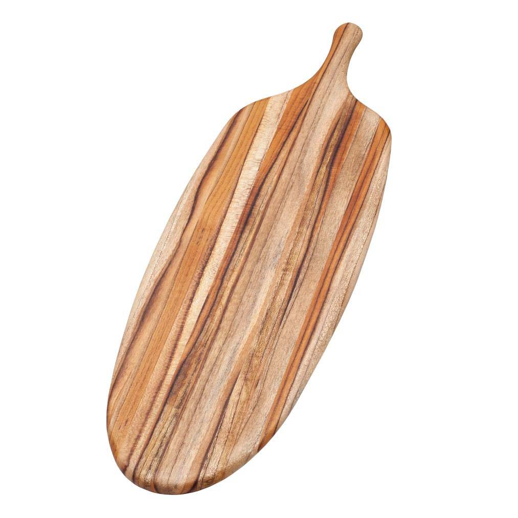 Long paddle-shaped teak wood serving board with a natural edge grain and sleek canoe-inspired design.