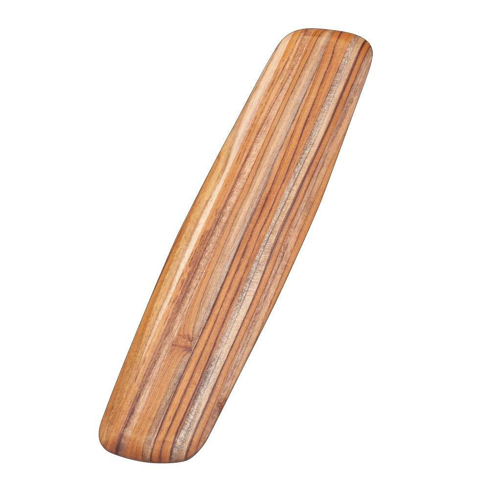 Long teakwood serving board featuring rounded edges and a slim profile for elegant charcuterie displays.