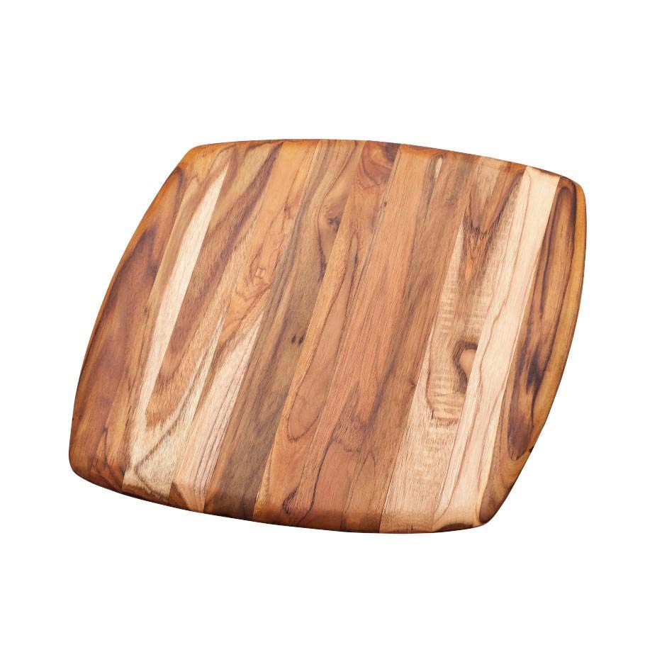 Square teakwood cutting and serving board with rounded edges and natural edge grain patterns.