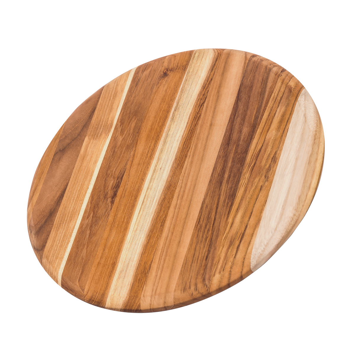 Round teakwood cutting board with smooth rounded edges and a natural edge grain pattern.