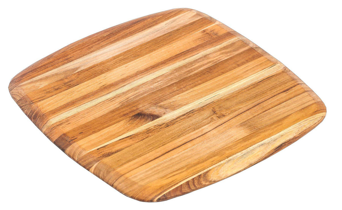Square teakwood serving board with rounded edges and natural grain on a white background.
