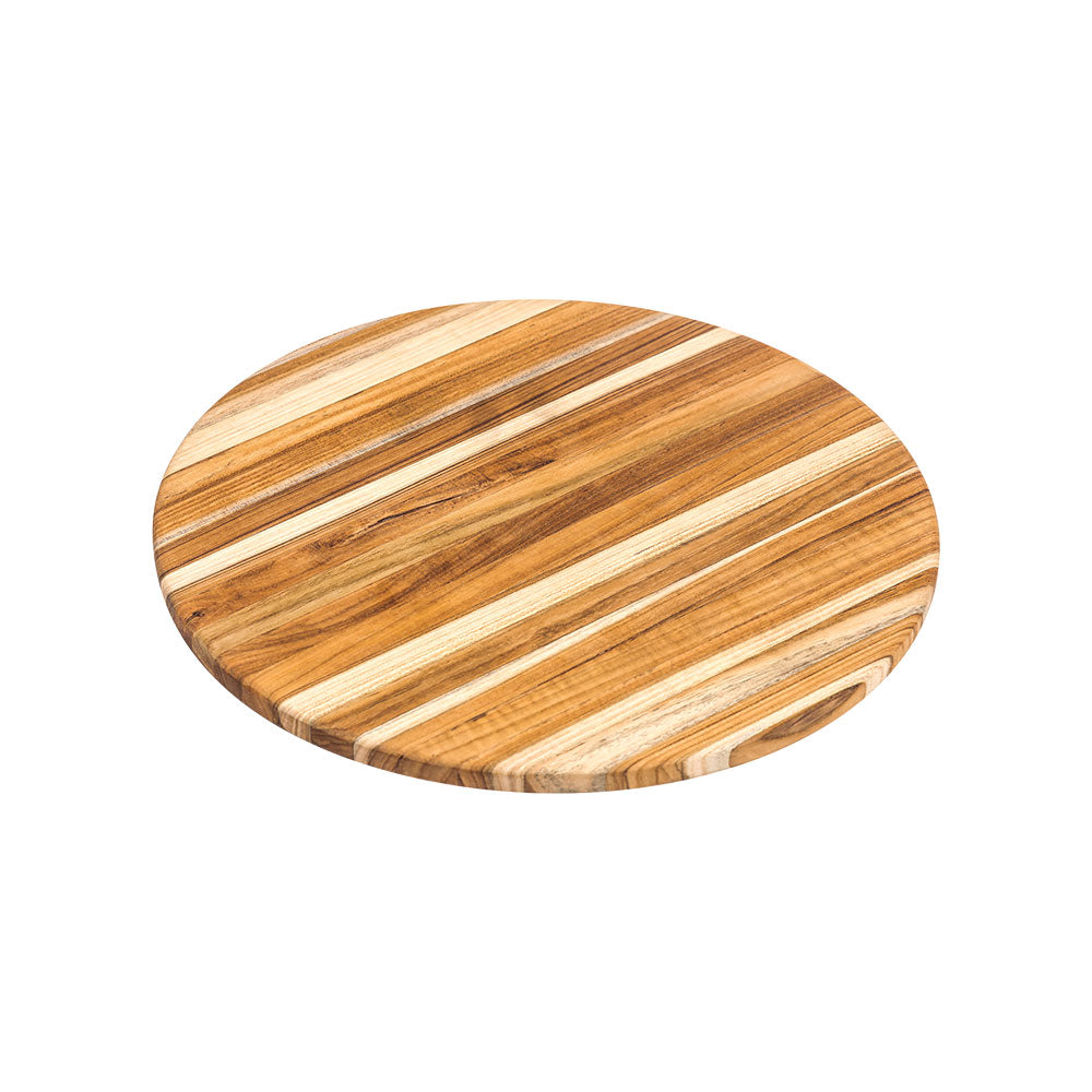 Round edge grain teakwood cutting board with natural wood grain patterns on a solid white background.