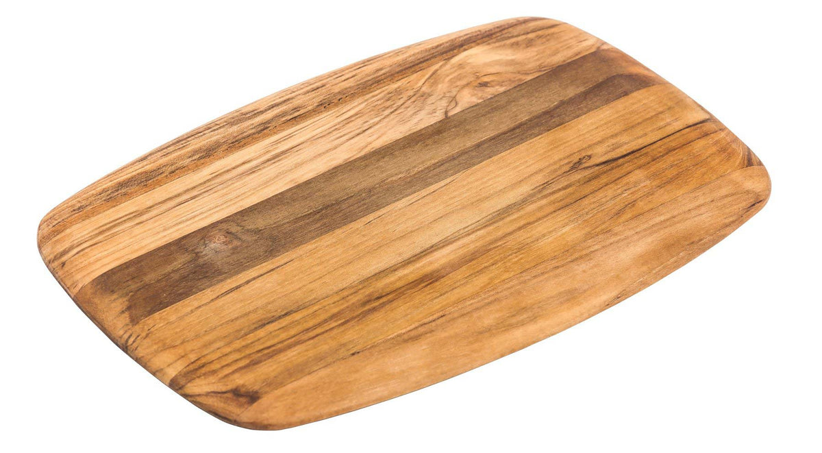 Small teakwood serving board featuring smooth rounded edges and a natural edge grain wood pattern.