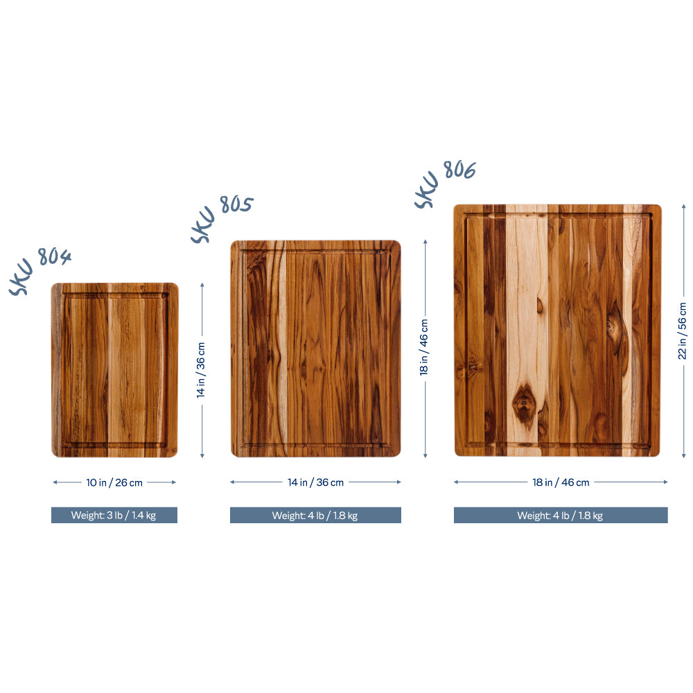 Three edge grain teak cutting boards in different sizes with juice canals and dimension labels.