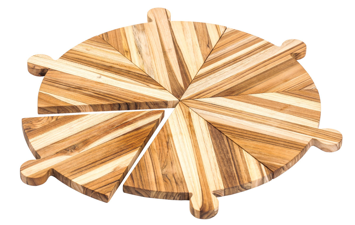 Six-piece triangular teak wood pizza platter with small handles and a natural edge grain finish.