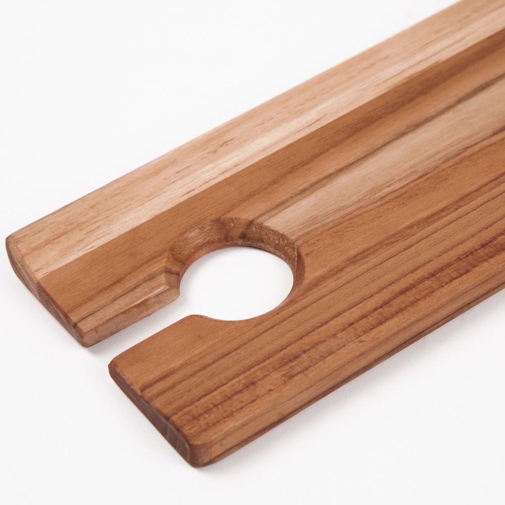 Teakwood catering plate featuring a natural grain and a circular cutout for a wine glass on a white background.