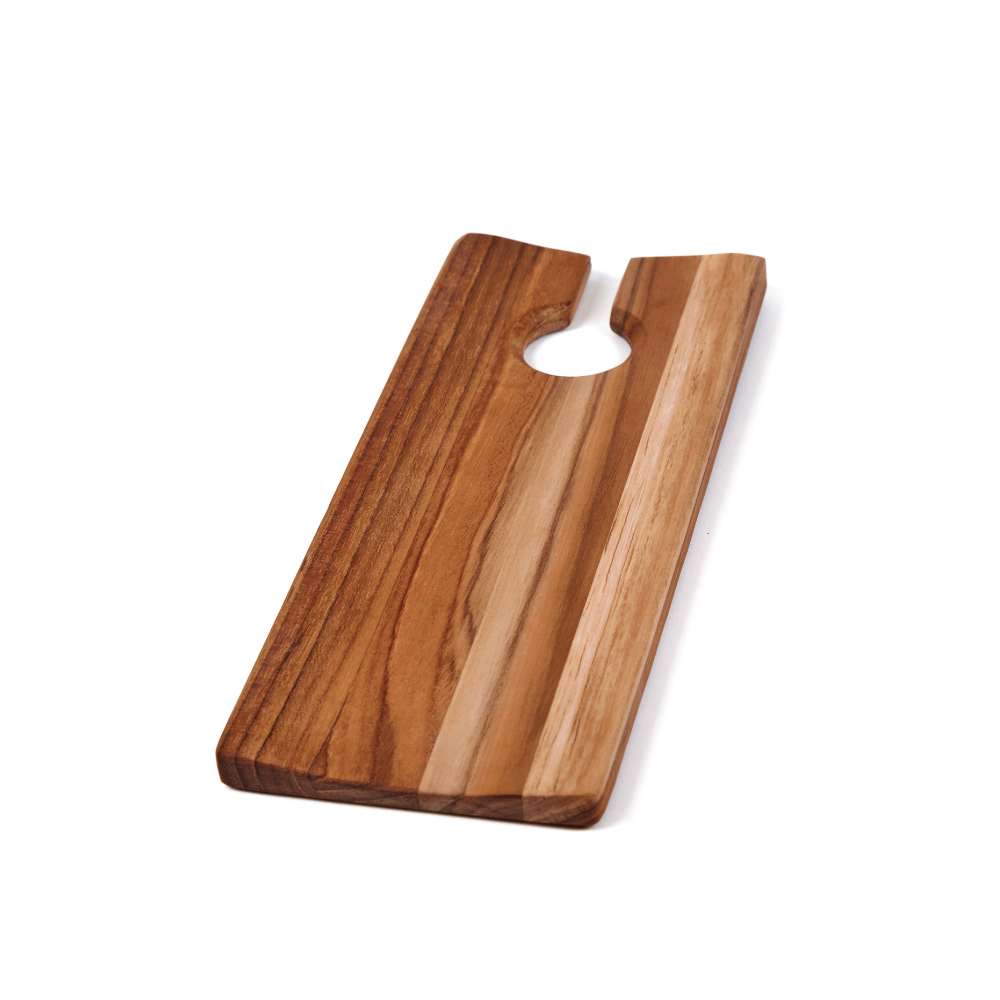 Teakwood wine and canape catering plate featuring a stemware cutout and natural wood grain.