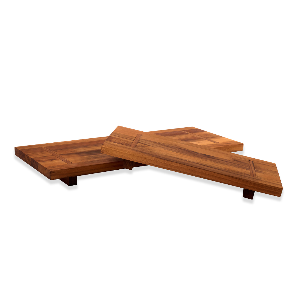Modular teakwood food stand fusion with three interlocking boards and rich natural wood grain.