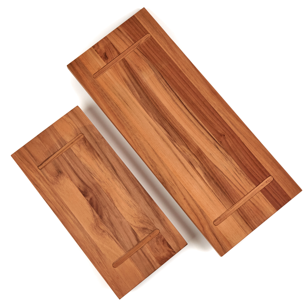 Modular teakwood food stand pieces featuring natural wood grains and assembly slots on a white background.