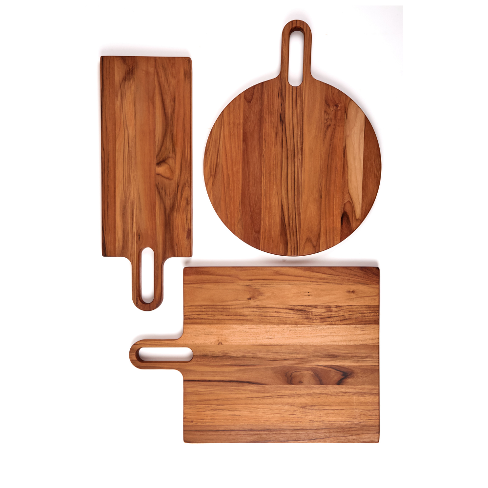 Large square teakwood Lagom serving board with a cutout handle, featuring rich wood grain from the Bistro Collection.