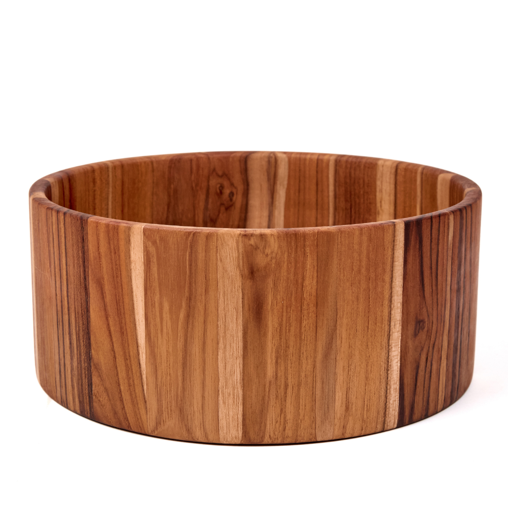 Medium sculptural teakwood salad bowl featuring a natural vertical wood grain pattern on a white background.