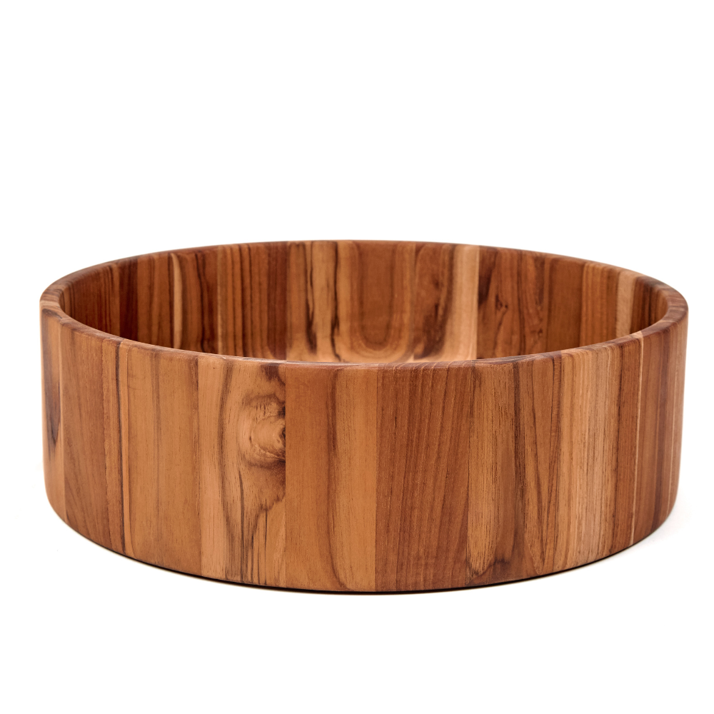 Round sculptural teakwood salad bowl with distinct vertical wood grain patterns isolated on a white background.