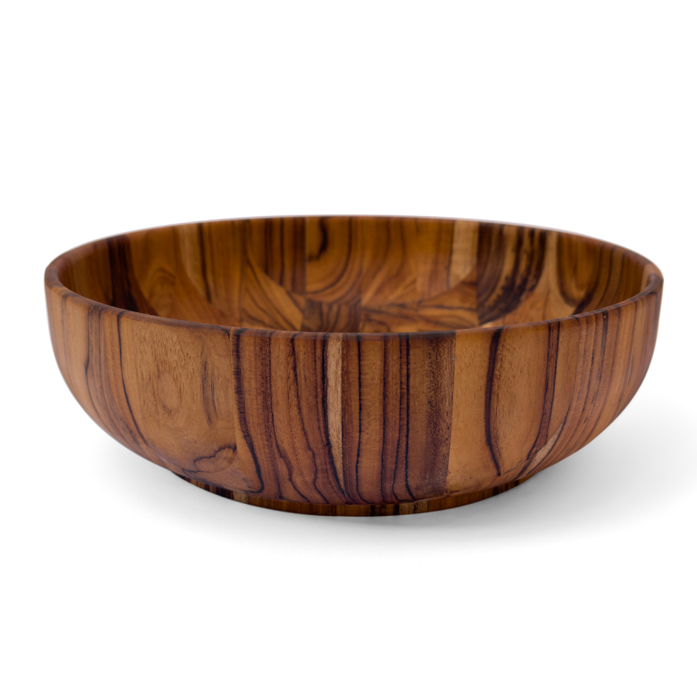 Large round teakwood Moon Salad Bowl with rich natural grain patterns isolated on a white background.