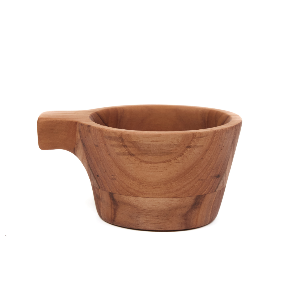 Small teakwood Bold Tapas Bowl featuring a short handle and natural wood grain isolated on white.