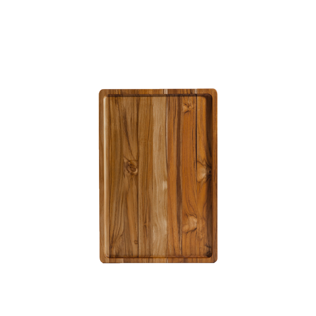 Nordic style teakwood serving tray featuring a natural wood grain on a white background.