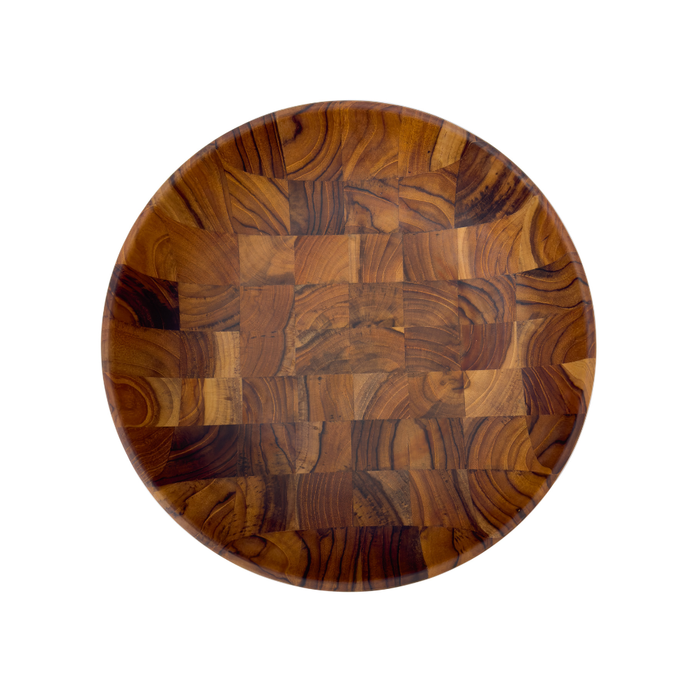Round Moon Salad Bowl featuring a rich teakwood end-grain block pattern, shown from a top-down view.