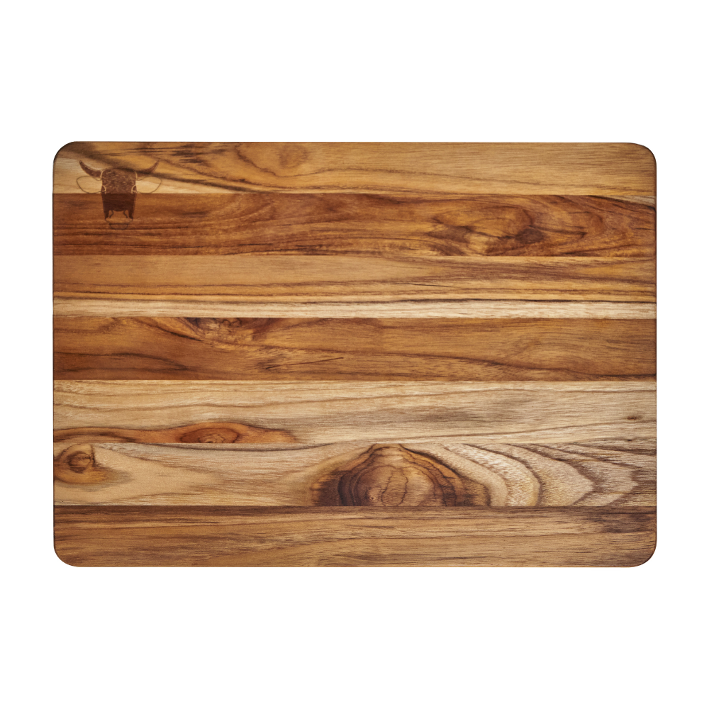 Rectangular teakwood cutting board with horizontal grain patterns and a bull logo engraving.