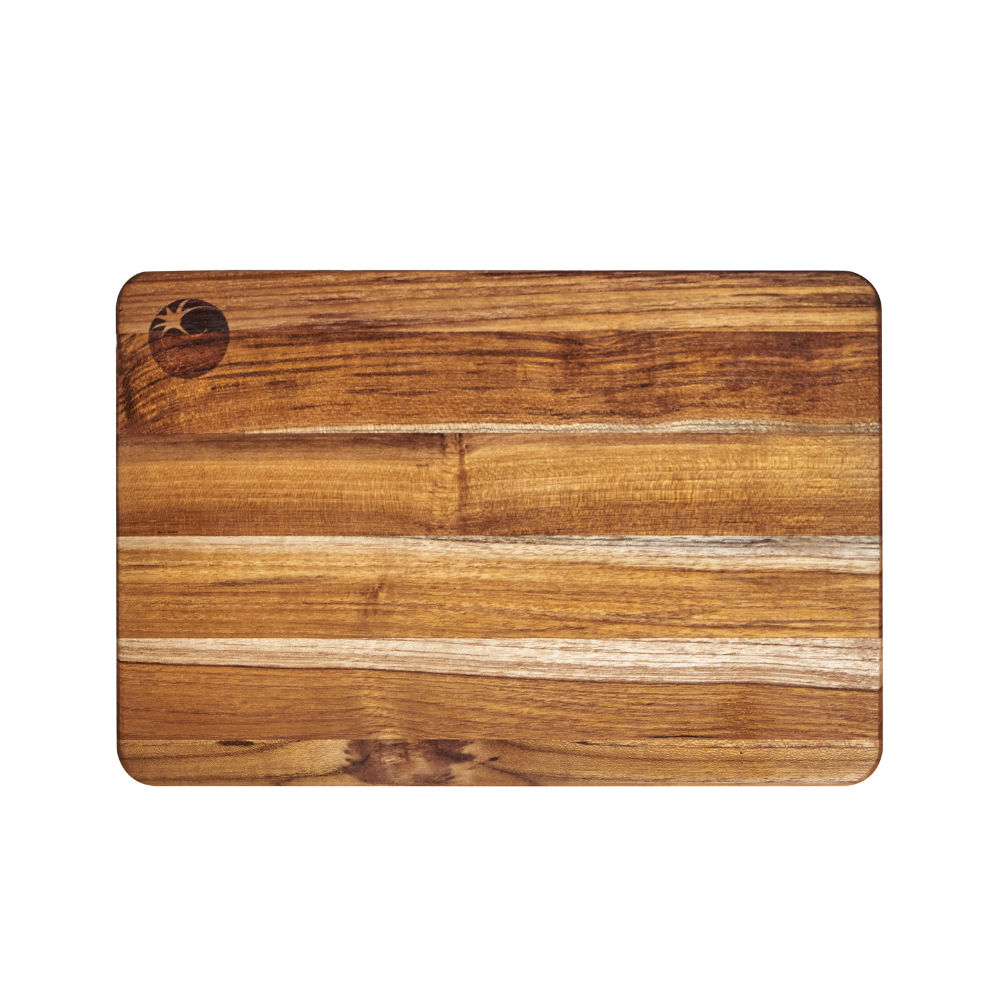 Rectangular teakwood cutting board featuring rounded edges and a rich, natural wood grain pattern.
