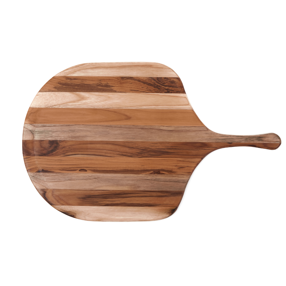 Canoe paddle teak pizza peel featuring natural edge grain wood patterns on a white background.