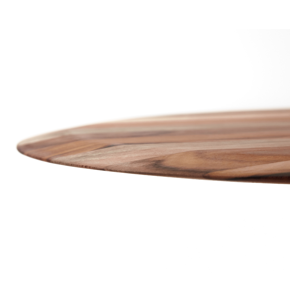 Close-up side profile of a teakwood canoe paddle pizza peel highlighting the slim, tapered edge.