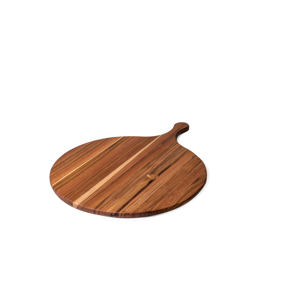 Round teakwood paddle board with a handle and rich natural wood grain, isolated on white.
