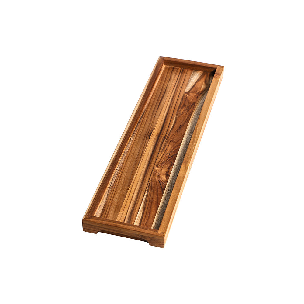 Slender rectangular teakwood serving tray featuring a rich natural wood grain and minimalist design.
