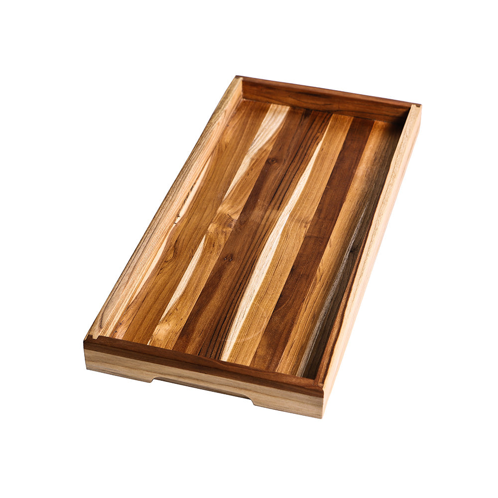 Medium teakwood serving tray with a rich natural edge grain pattern and raised edges.