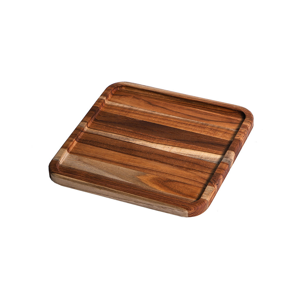 Small square teakwood serving tray featuring rich natural edge grain and a raised rim for stylish appetizer service.