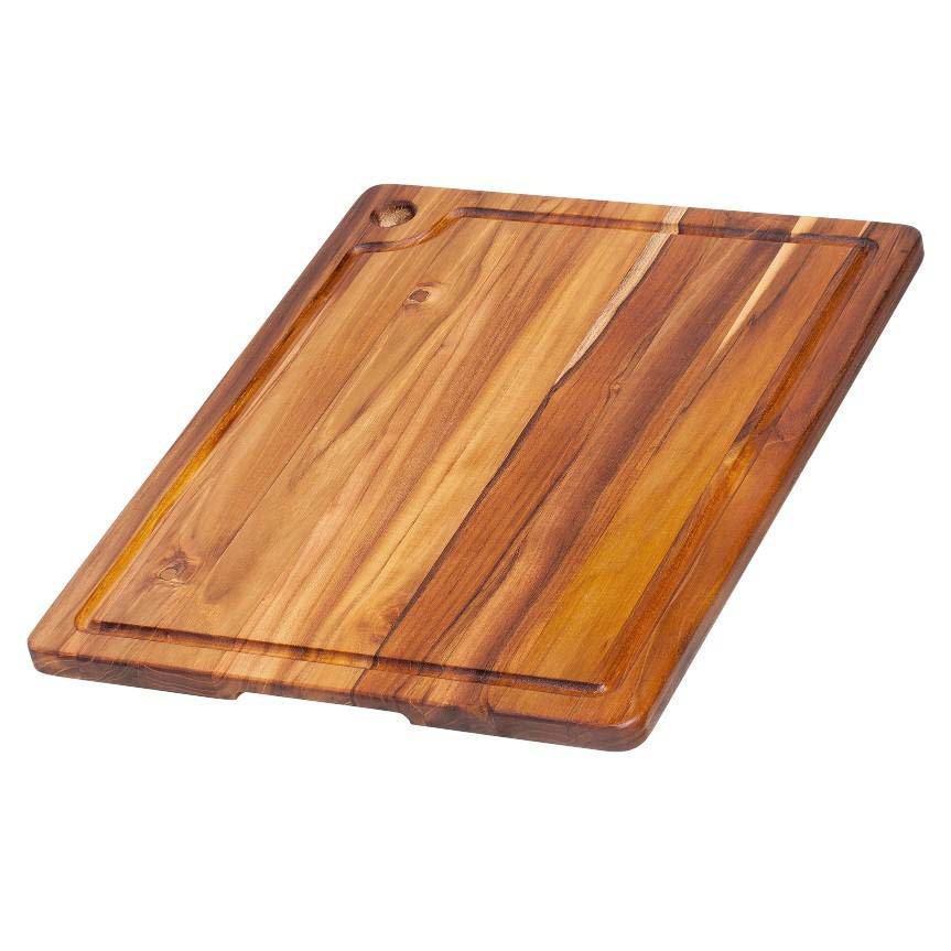 Rectangular teakwood chopping board with edge grain texture, featuring a perimeter juice canal and corner hole.