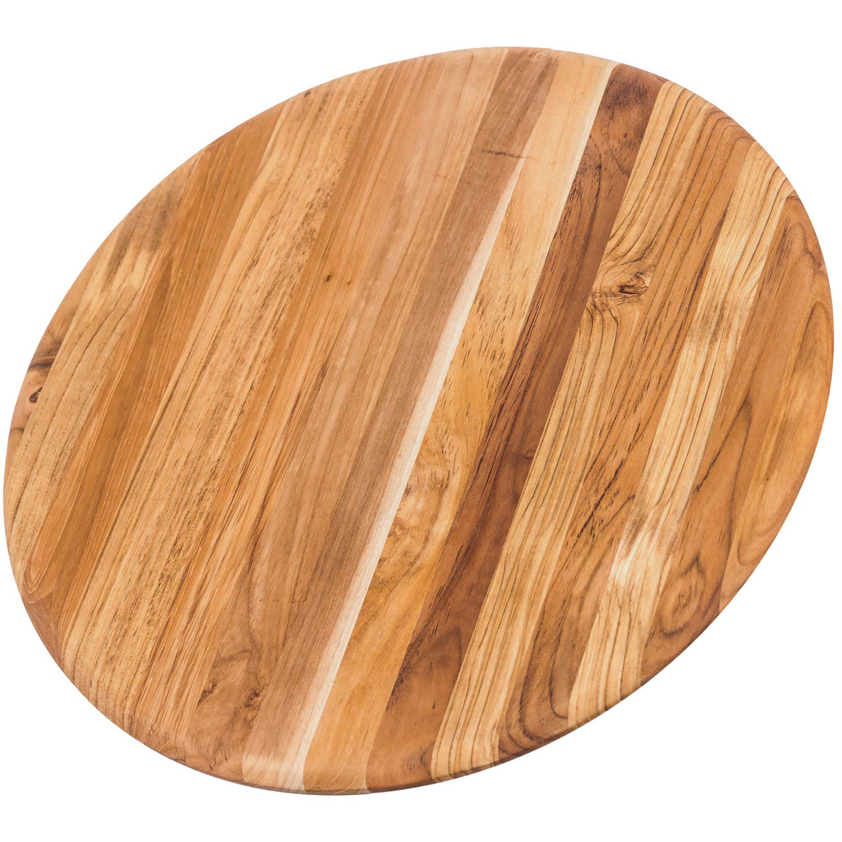 Round teak cutting board with edge grain patterns and rounded edges, ideal for food preparation or serving.