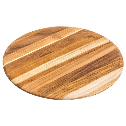 Round teakwood cutting board featuring a natural wood grain and smooth rounded edges for versatile kitchen use.