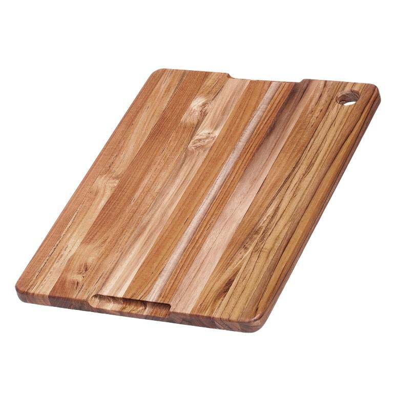 Rectangular Marine teak wood cutting board with a juice canal, corner hole, and natural edge grain patterns.