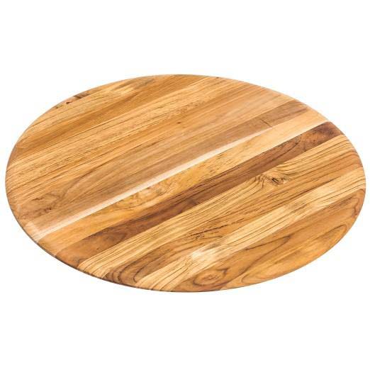 Round teak wood cutting board with natural edge grain pattern and smooth rounded edges.