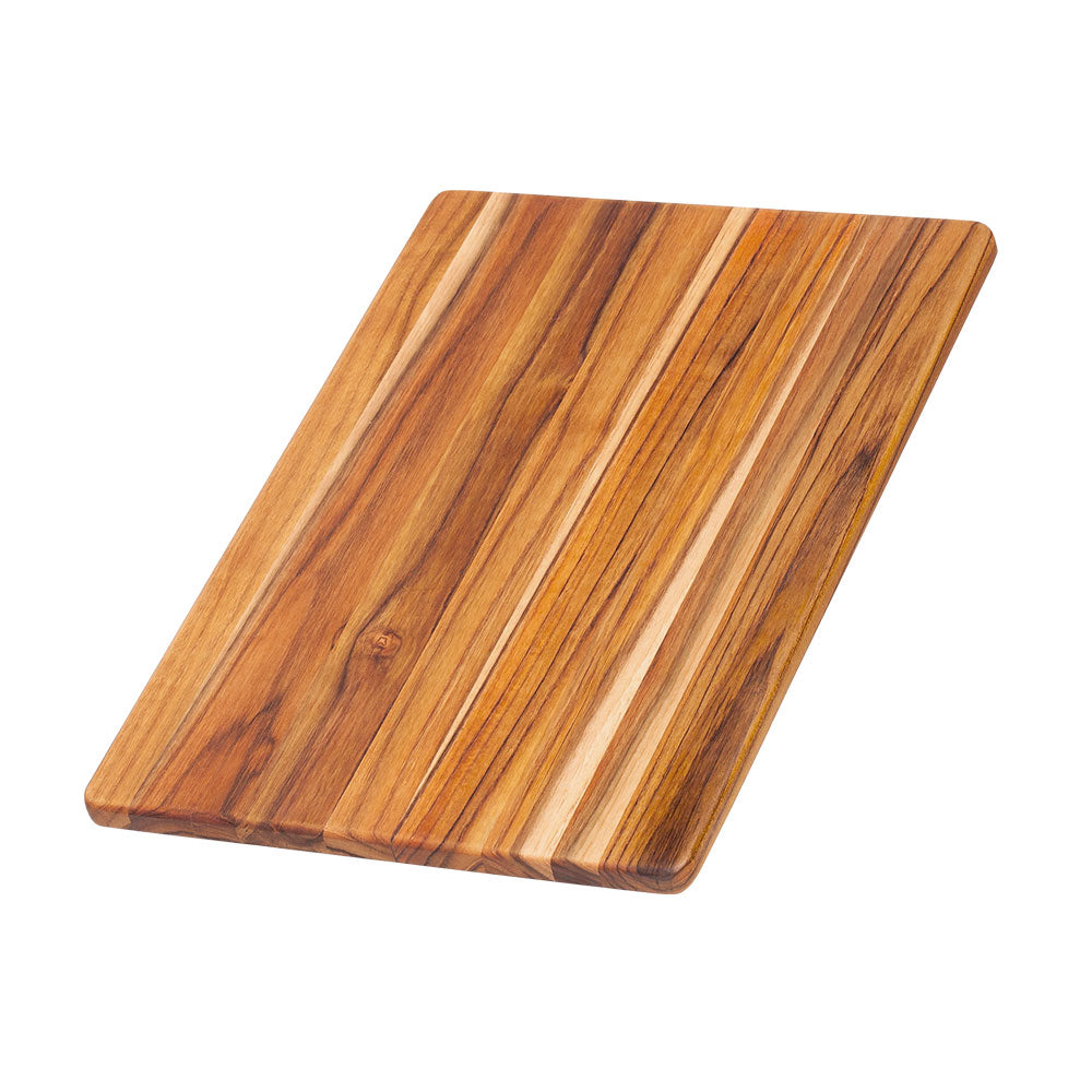 Rectangular teakwood cutting board with a natural edge grain finish shown on a white background.