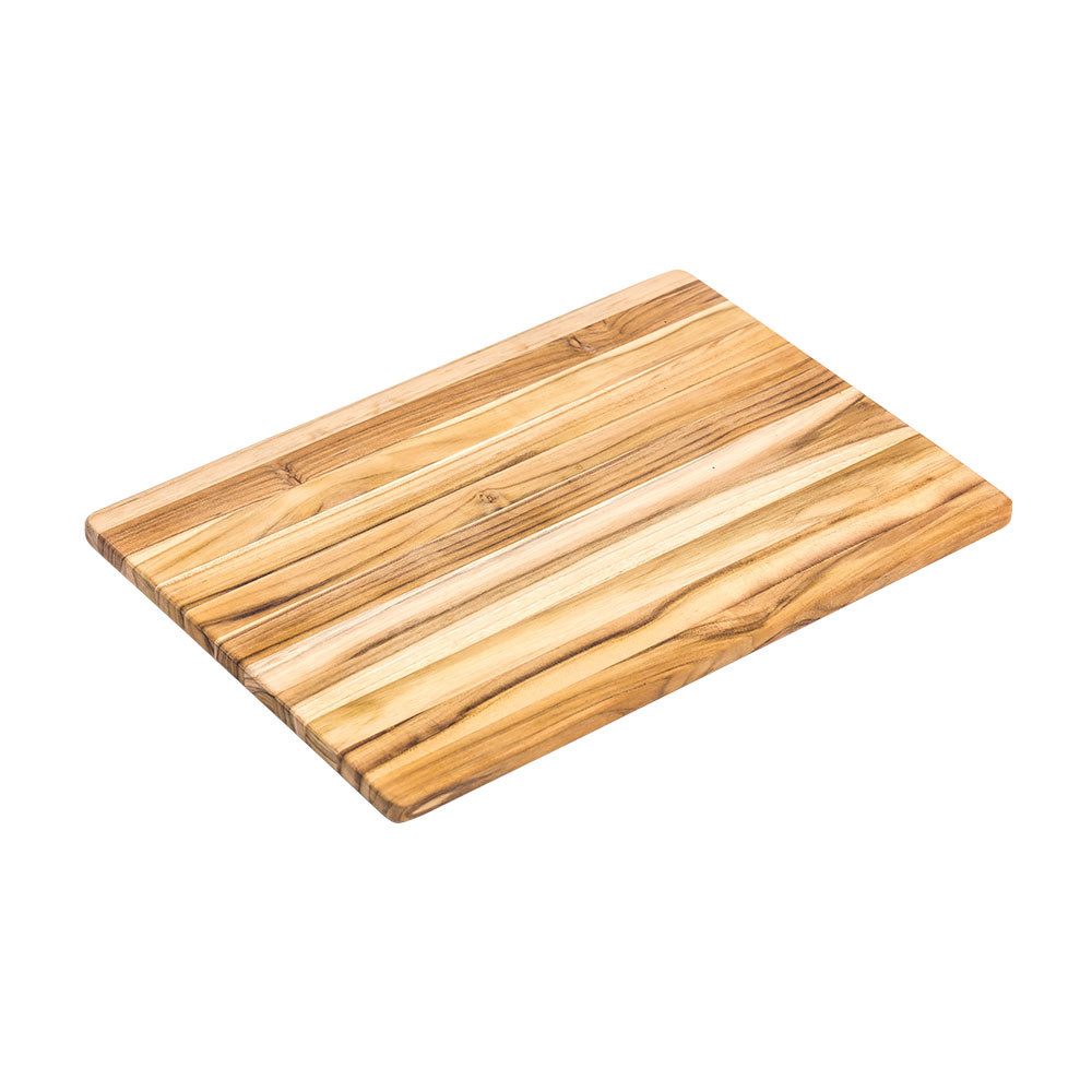 Rectangular teakwood cutting board featuring a natural edge grain pattern and warm wood tones.